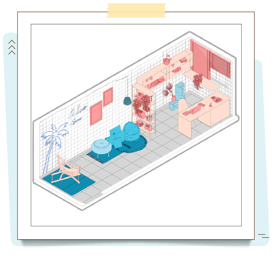 A imagem mostra a modelagem 3D feita no SketchUp de um quarto com uma estante rosa e pufs no chão, no modelo de perspectiva paralela.